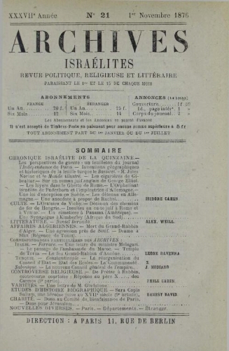 Archives israélites de France. Vol.37 N°21 (01 nov. 1876)